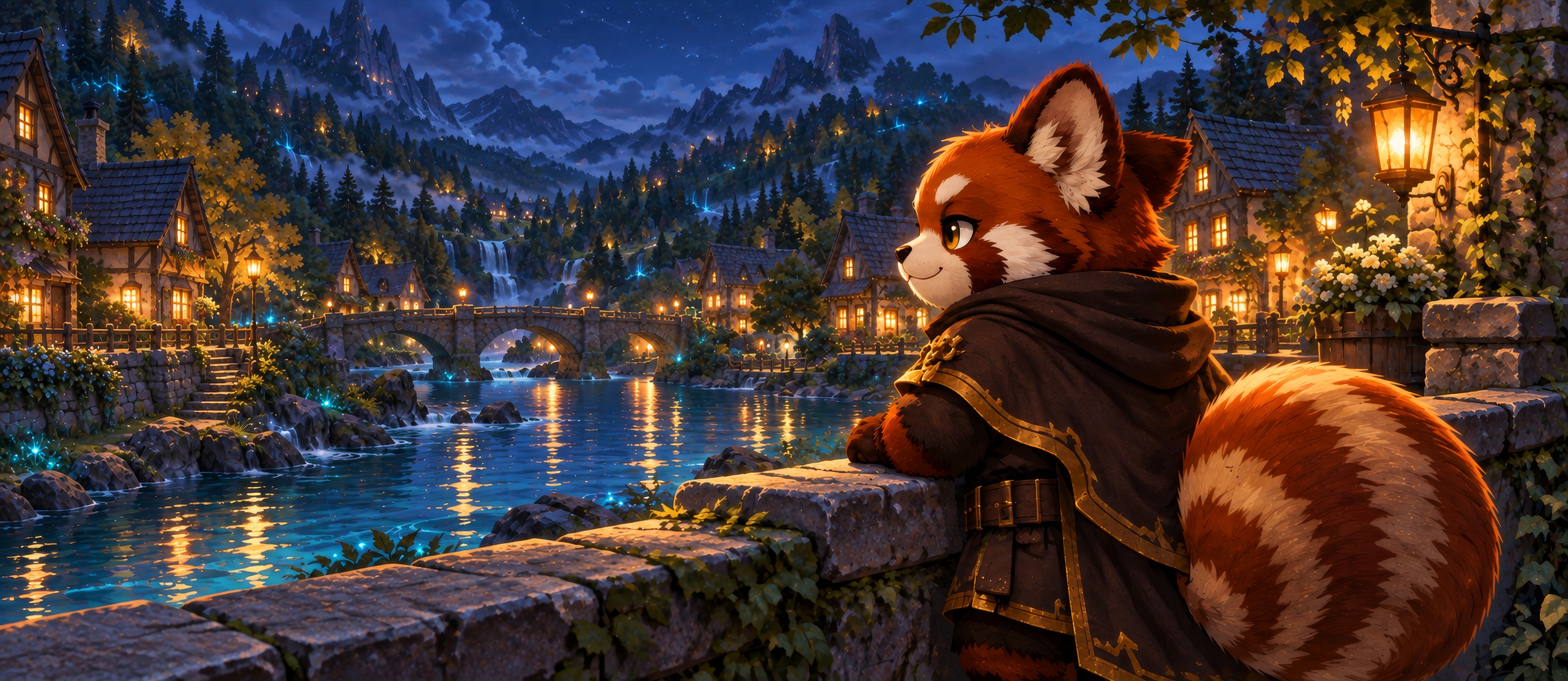 Khan Kai overlooking a lantern-lit village and lake at night